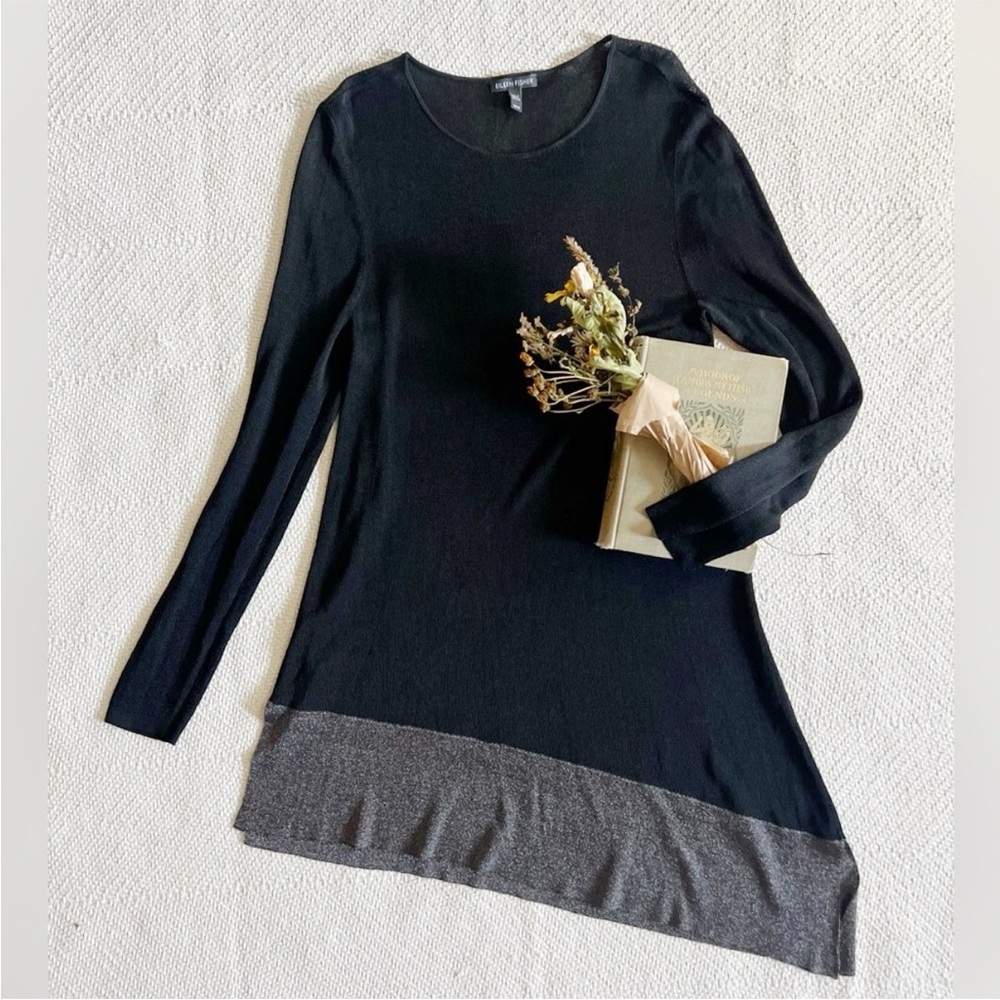 Eileen Fisher Black Knit Metallic Asymmetrical Long Sleeve Tunic Top Medium